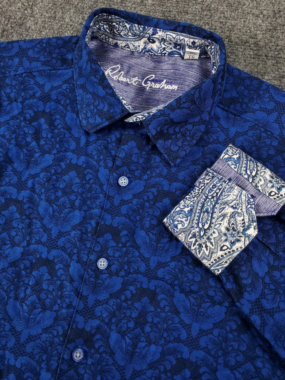 Robert Graham Button Up Shirt XL Classic Blue Damask Jacquard Flip Cuff Paisley